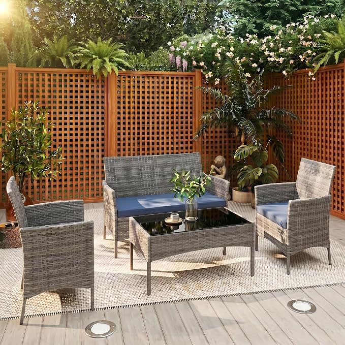 4 Pieces Outdoor Patio Furniture Set, Wicker Patio Conversation Set with Tea Table, All-Weather Outside Rattan Sectional Sofa for Backyard, Poolside, Garden, Balcony, Gray/Navy