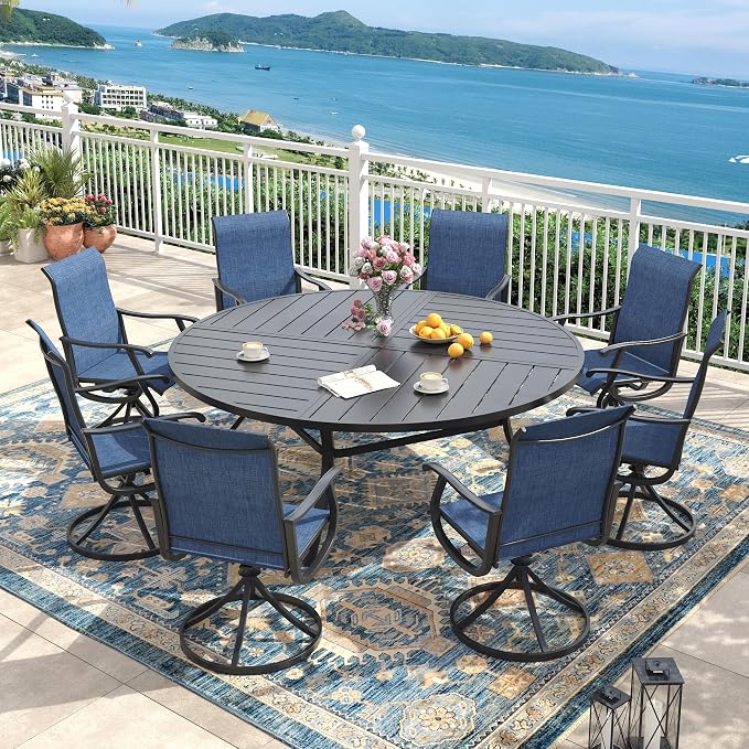 Outdoor Dining Set for 8, 63.1" Metal Round Outdoor Dining Table with Umbrella Hole and Sling Patio Swivel Chairs, 9 Pieces Patio Table and Chairs Set for Garden Backyard, Dark Blue and Black