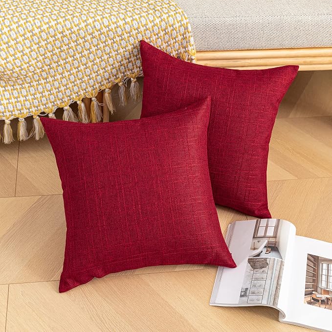 Kevin Textile Outdoor Waterproof 24”x24” Pillow Covers 2 Pack, Red | Water Resistant, Soft Faux Linen-cotton Yarn-dyed Woven Texture Throw Pillow Covers for Tent Patio Garden Couch Sofa
