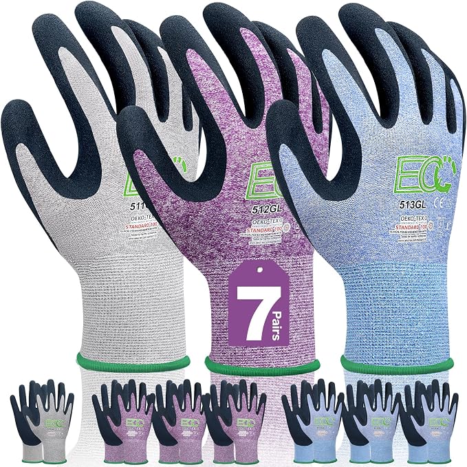 7 Pairs Women Gardening Gloves, EN388 2131X Outdoor Protective Work Gloves with Breathable Micro-Foam Coating for Gardening, General Purpose, Courtyard, 3 Purple + 3Blue +1 Grey | 3 purple + 3 blue + 1 gray, breathable garden gloves, recycled PET. Idea...