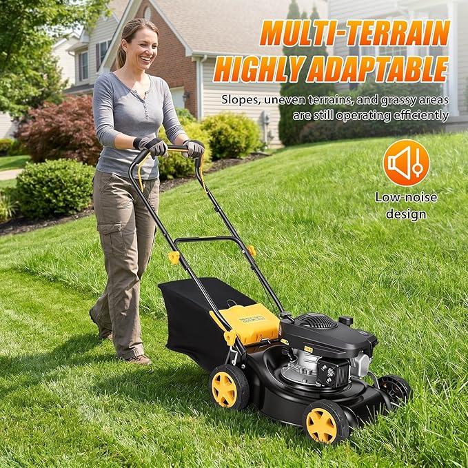 132cc Self Propelled Gas Lawn Mower, 16" Gas Powered Lawn Mowers with Powerful 4-Stroke Engine, 3-in-1 Gas Mower with 8-Position Height Adjustment,Foldable Push Mower for Yard, Yellow