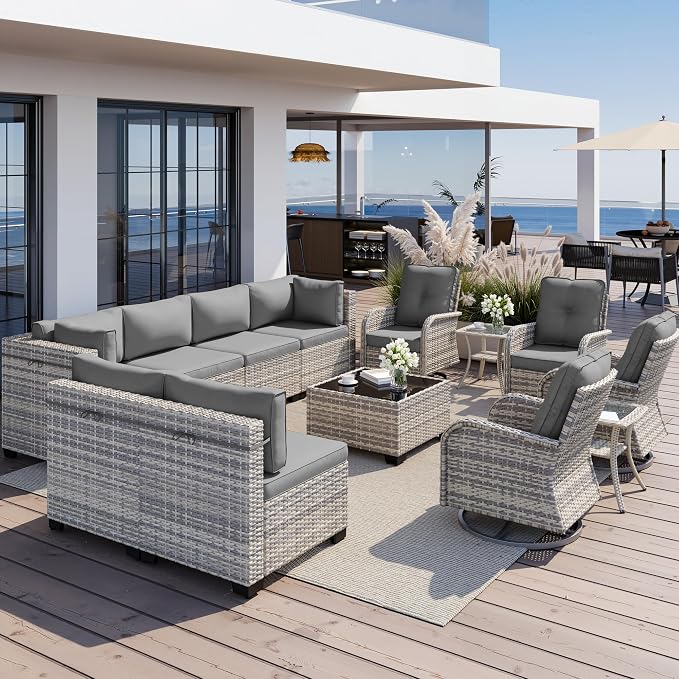 13-Piece Outdoor Patio Furniture Set with Rocking Swivel Chair, Wicker Rattan Sectional Sofa Conversation Set with Tempered Glass Table, Backyard Furniture, Grey