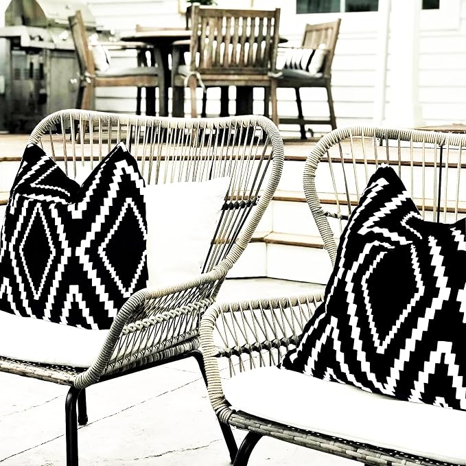 Outdoor Pillows Cover Waterproof Set of 2, Geometric Black and White Throw Pillows Cover for Patio Furniture, Outdoor Pillow Covers for Couch, Black (Black&White-01, 16x16 Inch)