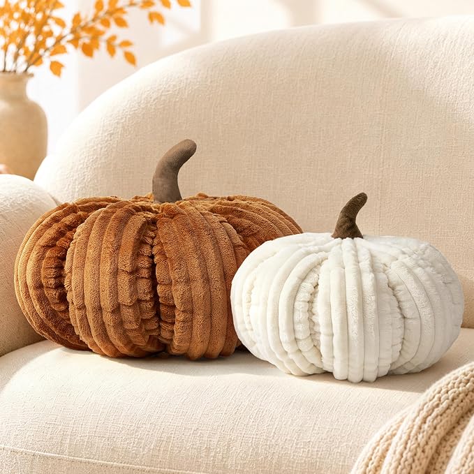 AELS Pumpkin Throw Pillows Set of 2, 14" Cinnamon & Cream Fall Pillows | for Couch Sofa Bed Living Room Home Decor, Farmhouse 3D Fall Halloween Thanksgiving Decorative Accent Pillows