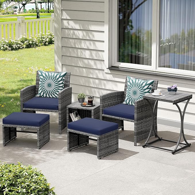 OC Orange-Casual 6 Piece Patio Furniture Conversation Set with Ottoman, Outdoor Grey Wicker Chair and Table Set, Balcony Furniture for Apartments, Navy Blue