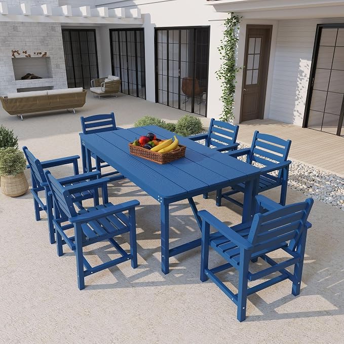 Kingdura 7 Piece Patio Dining Set for 6, HDPE Outdoor Table & Chairs with Umbrella Hole, All-Weather Outdoor Furniture Patio Conversation Set for Lawn Pool Backyard, Navy Blue