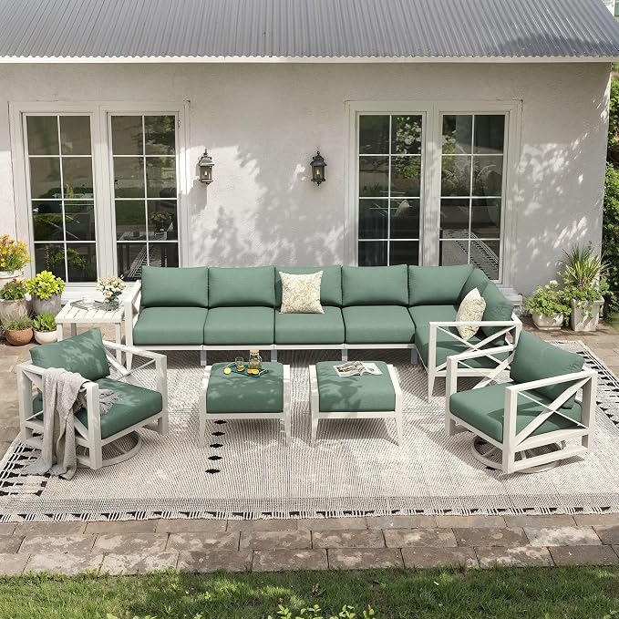 Aluminum Outdoor Patio Furniture Set with Swivel Chairs, 11-Piece Outdoor Sectional with 5.2" Thick Cushions, Patio Conversation Sets with Ottomans for Backyard,(White,8 Seats)