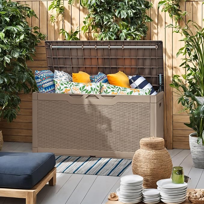Flamaker Outdoor Storage Box 100 Gallon Waterproof Resin Deck Box Delivery Box with Air Rod Indoor Outdoor Lockable Storage Bench for Patio Cushions, Tools, Pool Accessories (Brown)