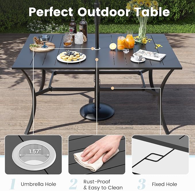 7 Pieces Patio Dining Set, Padded Patio Outdoor Furniture Set of 6 Patio Swivel Dining Chairs and Patio Spliced Rectangular Tabletop with Umbrella Hole, for Deck, Backyard, Poolside & Garden