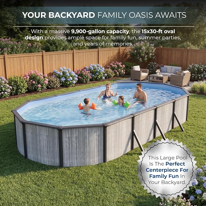 Blue Wave San Pedro 15x30-ft Oval 52-in Deep Hard Sided Steel Wall Above Ground Pool with 6-in Top Seats, 5-in Verticals, Skimmer & Vinyl Liner - 9,900 Gallon Cap for Family Swimming & Recreation