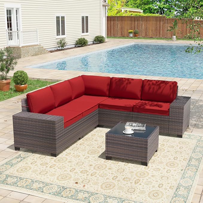 6 Pieces Patio Furniture Sets with Glass Tea Table,PE Rattan Wicker Patio Conversation Set with Washable Cushions,Outdoor Patio Sectional Furniture Set for Backyard, Poolside, Garden,Red