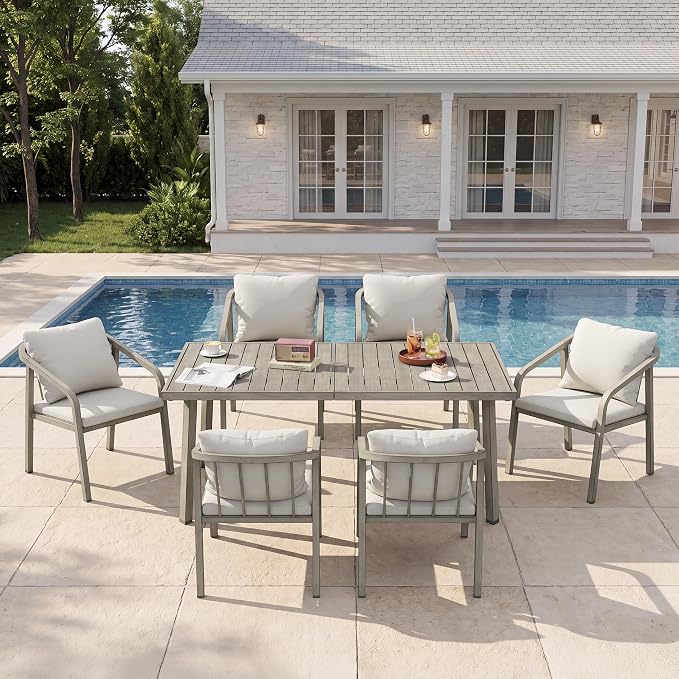 Outdoor Dining Set,7-Piece Patio Dining Table Set for 6 with Rectangular Table & 6 Thick Cushion Sofa Chair, Aluminum All-Weather Patio Furniture Set for Backyard, Garden and Poolside (Grey)