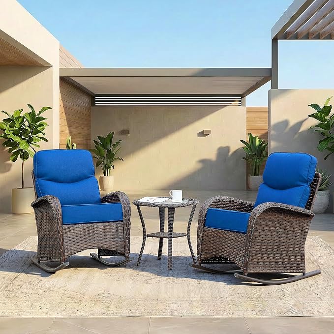 Luxury Patio Furniture Set, High Back Outdoor Rocking Chairs with 6" Thick Cushions and Table, 3 Pieces All Weather Bistro Conversation Set for Porch Deck Balcony Yard (Blue)