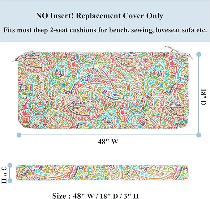 FUNHOME Outdoor Bench Cushion Covers 48" x 18" x 3", No Insert! Patio Bench Cushion Covers for Outdoor Furniture,Water Resistant Patio Loveseat Cushion Covers 1 Pack, Melora Paisley (Covers ONLY)
