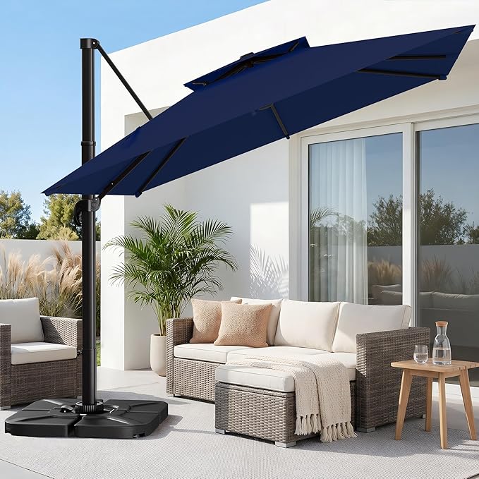 AreShark 9×9FT Double-Top Cantilever Patio Umbrella with Base Included, Square Offset Umbrella with 360 Degree Rotation, Heavy Duty Patio Umbrella for Garden Deck Pool, 5 Tilt Angles, Navy