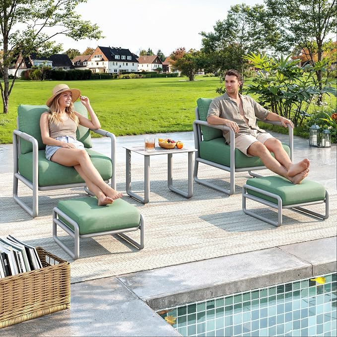All-Weather 2-Seat Aluminum Patio Set with Ottomans, Outdoor Conversation Sofa with 6.5" Thick Olefin Cushions, Rust-Resistant for Pool, Garden, Backyard (White)