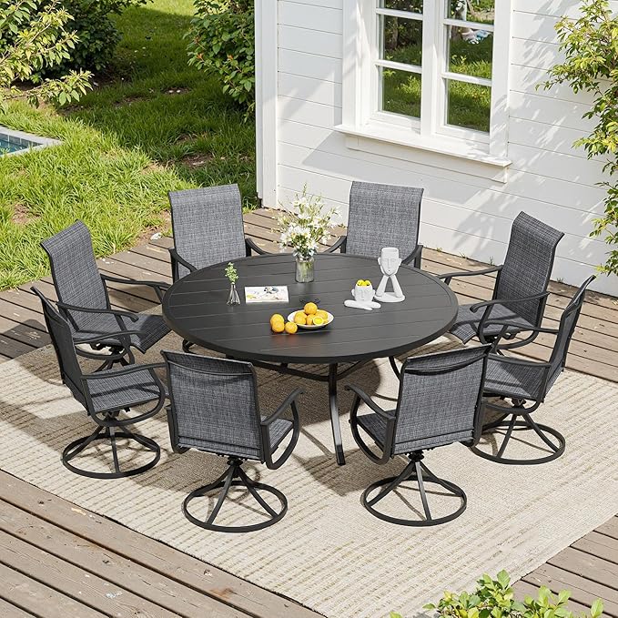 VICLLAX 9 Pieces Outdoor Dining Set, Patio Furniture Set of 8 Patio Swivel Dining Chairs and 60" Patio Round Table, Dark Charcoal Chairs & Black Tabletop
