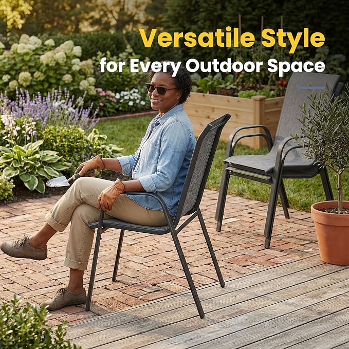 VICLLAX Patio Dining Set for 4, All Weather Metal 5 Pieces Patio Set-40.6" Round Outdoor Table and Stackable Chairs for Lawn Garden and Backyard, Grey Tabletop