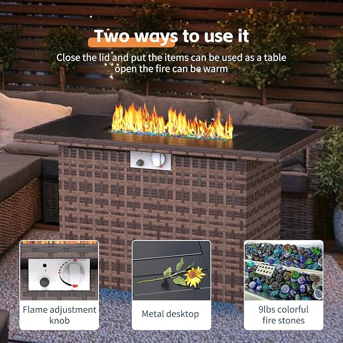 UDPATIO Furniture Set with Fire Pit Table, 8 Inch Wide Armrest 7 Piece Sectional Sofas, All-Weather Wicker Conversation for Garden, Backyard, Grey