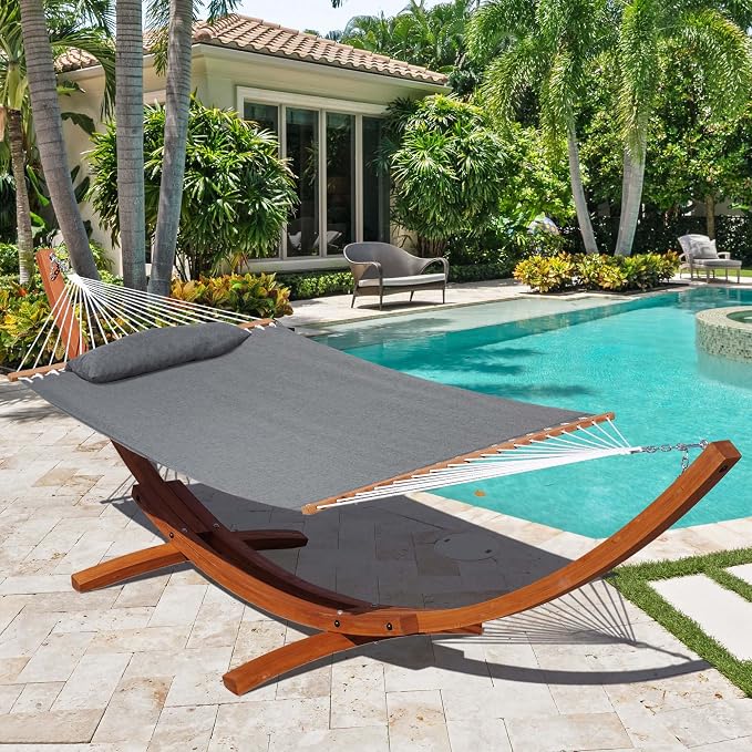 Lazy Daze Hammocks 12 FT Sunbrella Fabric Hammock Non-Fading with Spreader Bars and Free Pillow Fits for 2 Persons, All Weather and Fade Resistant for Patio Yard, 450 lbs Capacity, Cast Slate