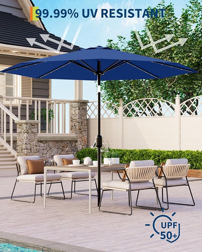 GarveeLife 10 ft Patio Umbrella with Solar Lights, 8 Ribs Outdoor Market Table Umbrella with 40 LED Lights & Tilt Crank for Pool, Deck, Backyard, Navy Blue
