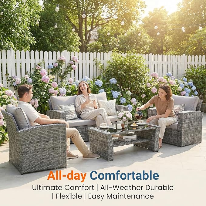 Wisteria Lane Patio Furniture Set, Wicker Outside Outdoor Furniture for All Weather, Patio Sofa with High Backrest Support and Wide Armrest for Backyard, Balcony, Deck, Porch, Light Gray