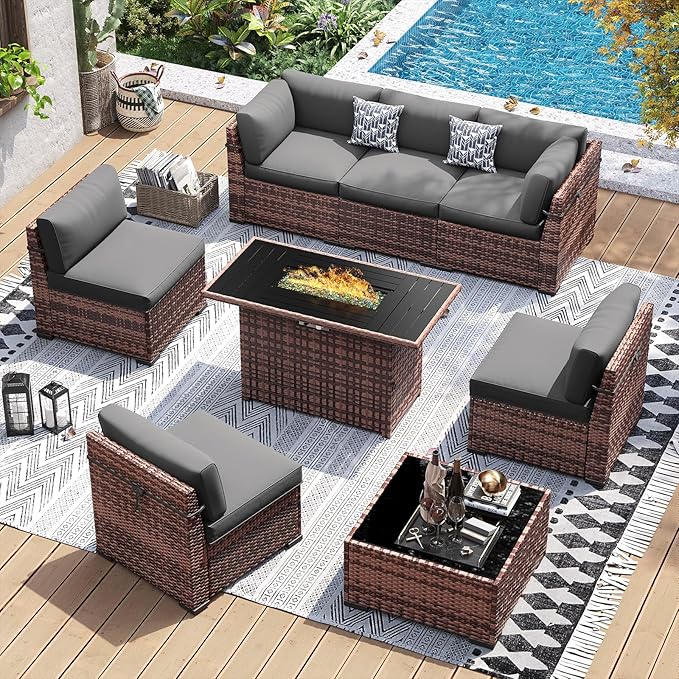 UDPATIO Patio Furniture Set with 44'' Fire Pit Table, 8 PCS Outdoor Sectional Furniture Sets, Slanted Back Outdoor Conversation Set PE Rattan Sofa for Porch W/Coffee Table, Grey