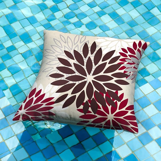 DFXSZ Outdoor Waterproof Pillow Covers 20x20 Set of 2 Brown Red Flower | Spring Summer Waterproof Flower Throw Pillowcases（No Inserts）Outdoor Decor for Fall Patio Funiture Garden Polyester Covers