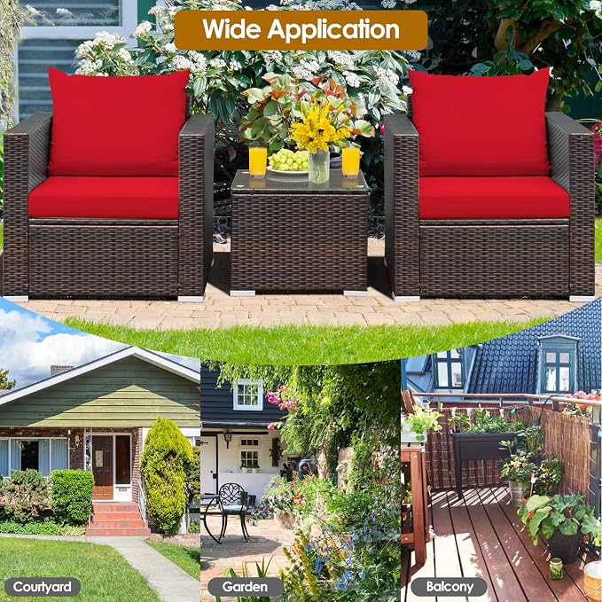 RELAX4LIFE 3-Piece Wicker Bistro Set - Outdoor Patio Rattan Sofa Set w/Washable Cushions & Tempered Glass Coffee Table, Conversation Furniture Set for Backyard, Porch, Garden & Poolside (Red)