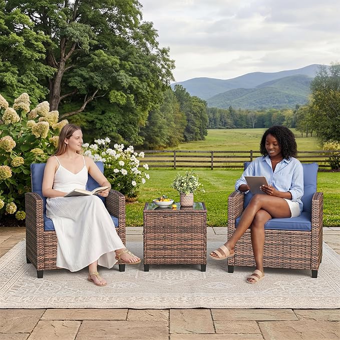 GarveeTech 3-Piece Outdoor Patio Furniture Set, PE Rattan Wicker Chairs with Tempered Glass Side Table & Washable Cushions, All-Weather Conversation Set for Porch, Deck, Balcony or Garden (Brown/Blue)