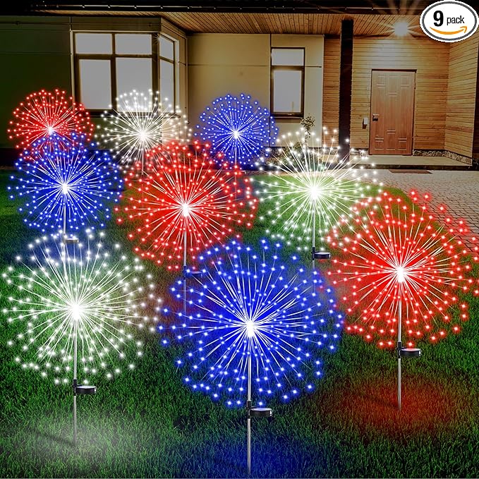 Tujoe 9 Pcs 4th of July Solar Firework Stake Lights 180 LED 8 Modes Solar Waterproof LED Sparkler Lights Outdoor Patriotic Decoration for Memorial Independence Day Garden Patio Yard (Red, Blue, White)