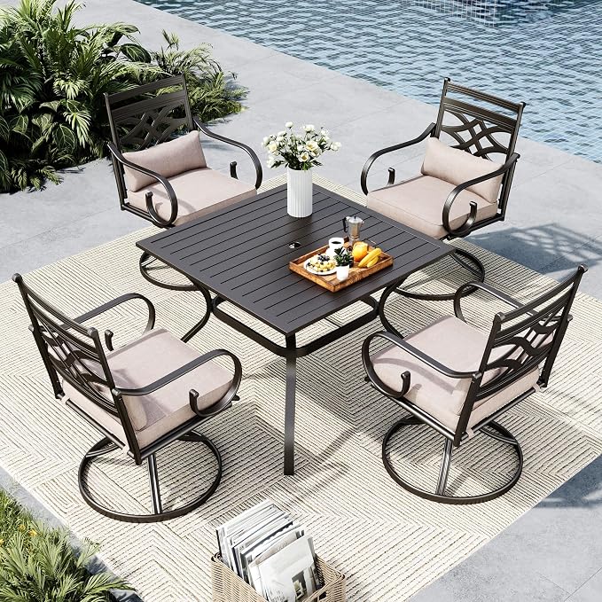 MFSTUDIO 5-Piece Patio Dining Set, 37" Square Metal Table, Swivel Chairs | For Deck, Backyard, Poolside, Garden