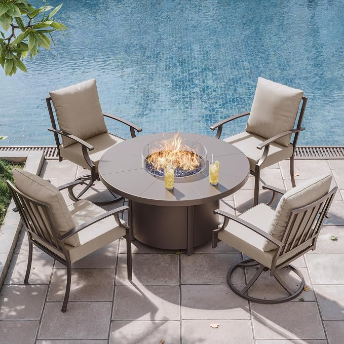 ALAULM 5-Piece Outdoor Dining Set for 4 Metal Outdoor Patio Furniture with 2 Swivel Chairs & 40000 BTU Round Fire Pit Table for Patio, Backyard, Garden-Sand