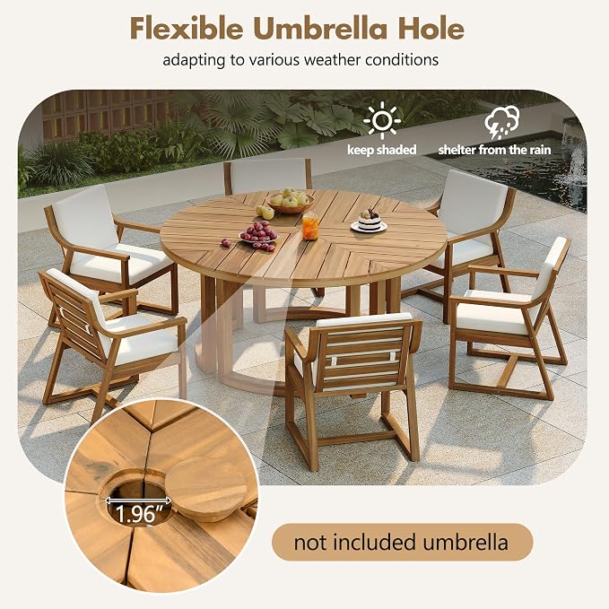VilroCaz Acacia Wood Outdoor Dining Set for 6, All-Weather Outdoor Round Dining Table with 1.96" Umbrella Hole and 6 Armchair& Removable Cushions for Patio Backyard Pools (Light Teak-2.14)