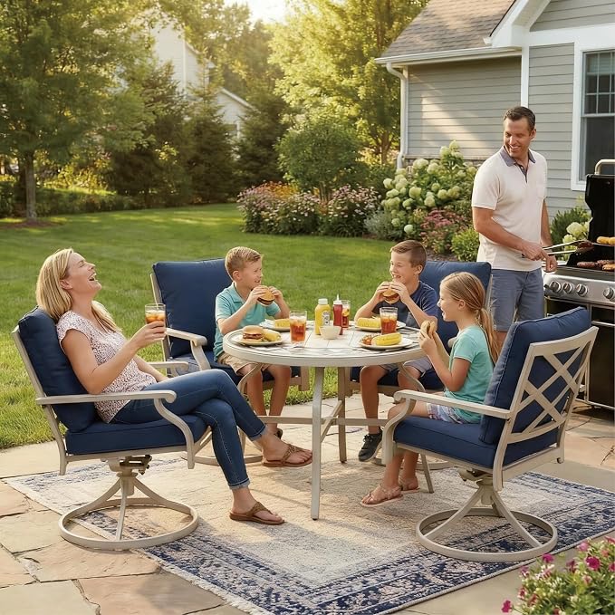 5-Piece Patio Dining Set, 4 Swivel Chairs with Removable Thickened Cushions & a 3D Textured Table with Umbrella Hole, All-Weather Furniture for Backyard, Garden, Lawn, Blue