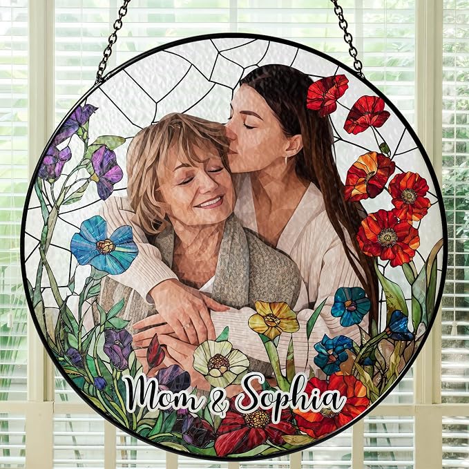 Custom Photo Stained Glass Window Hanging Suncatcher - Personalized Floral Keepsake Heartfelt Decoration for Home - Mother's Day, Father's Day, Birthday Gift for Mom, Dad, Grandma