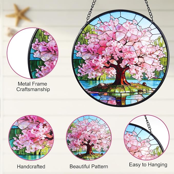 Stained Glass Window Hanging, Pink Cherry Blossom Tree Suncatcher 7.8 in Sun Catcher Boho Wall Art Decor with Chain Diamond Glass Panel Hangings Scenery Sun Catchers Decor for Lover Couple Mom