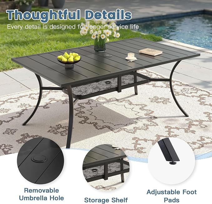 DIFY 7 Pieces Outdoor Dining Set, Metal Patio Table and Chairs Set for 6, 59.2" Rectangle Dining Table with Umbrella Hole & Wicker Swivel Patio Chairs with Cushions, Black Tabletop