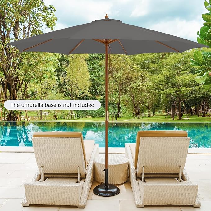 HAPPYGRILL 10 FT Wooden Patio Umbrella with Rope Pulley Lift, 8 Bamboo Ribs, 3 Adjustable Heights, Vented Roof, Outdoor Table Umbrella for Garden Poolside Backyard (Grey)