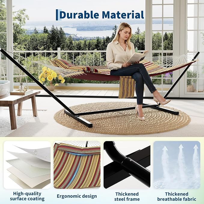2 Person Outdoor Hammock with Stand, 450LBS Capacity, Heavy Duty Hammock with Carrying Bag & Soft Pillow, Portable Indoor Outdoor Hammock, Perfect for Backyard Patio Beach