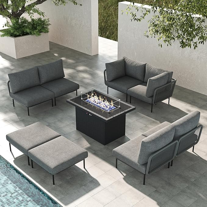 LayinSun 9 Pieces Aluminum Patio Furniture Set, Modern Modular Sectional Sofa with Fire Pit Table and Upgrade Thickness Cushion