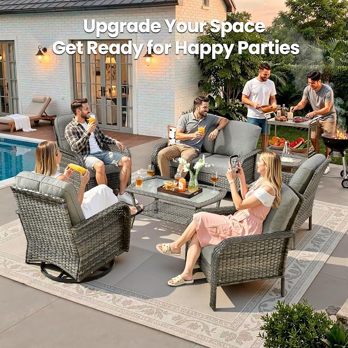 7 Piece Wicker Patio Furniture Set with Swivel Chairs, Dark Gray | High Back Swivel Rocker Chairs, Outdoor Loveseat Sofa, Coffee Table, Rattan Conversation Set, Porch Deck Backyard Poolside