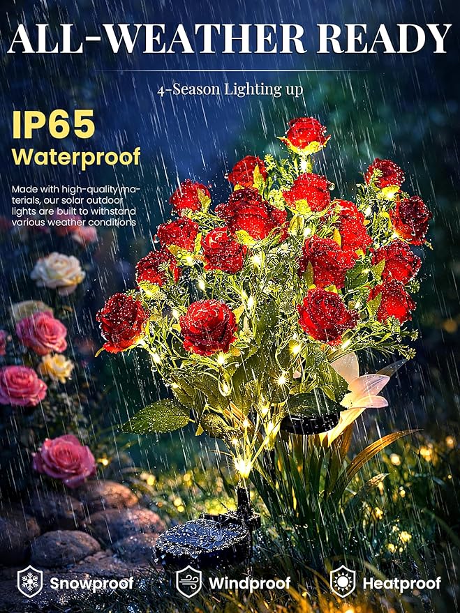 GIGALUMI Solar Lights Outdoor for Garden Decor, 4 Pack Solar Flower Lights Waterproof, 2 Lighting Modes 28 Roses for Pathway,Yard, Patio Decoration, Gardening Gifts for Women (Red)