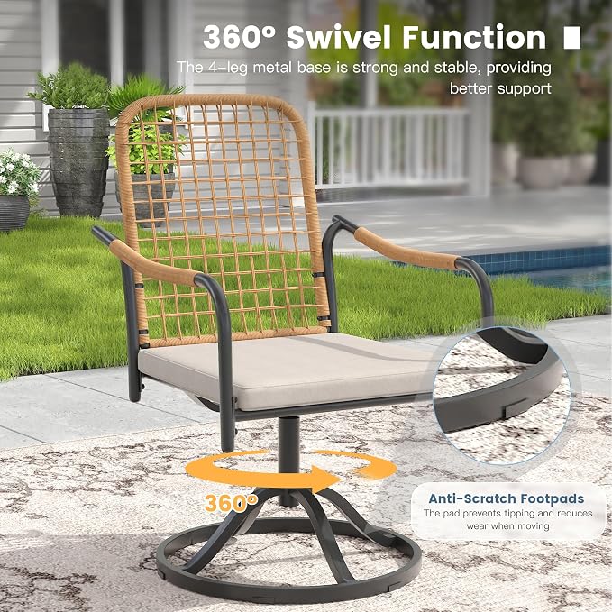 DIFY 5 Pieces Outdoor Dining Set, Metal Patio Table and Chairs Set for 4, 37.8" Square Dining Table with Umbrella Hole & Wicker Swivel Patio Chairs with Cushions, Black Tabletop