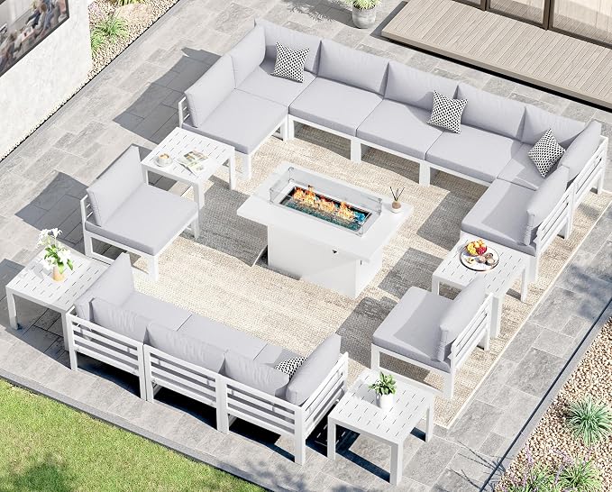 NICESOUL 17 Piece Extra Large Aluminum Outdoor Patio Furniture Set with Fire Pit Table & End Table, L Shaped Modern Sectional Couch, 29" Wide Deep Seating Conversation Sofa for Terrace, Light Gray