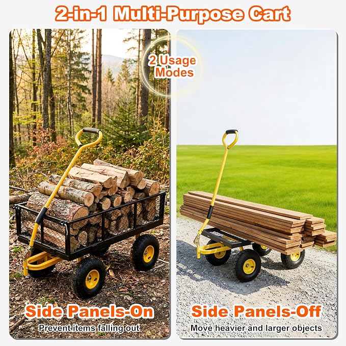 DIAMONDFORGE 900lbs Heavy Duty Garden Cart, Steel Garden Wagon Cart with Fixedable Rotating Handle for Backyard, Utility Yard Wagon with 10" All Terrain Tires, Mesh Removable Sides