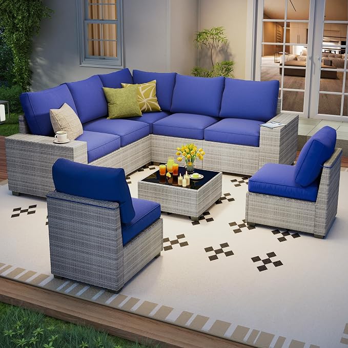 olimix 8 Piece Outdoor Patio Furniture Set, Outdoor Sectional Furniture, Rattan & Wicker Modern Modular Conversation Set Sofa Couch W/Water Resistant Washable Thick Cushions and Coffee Table, Blue
