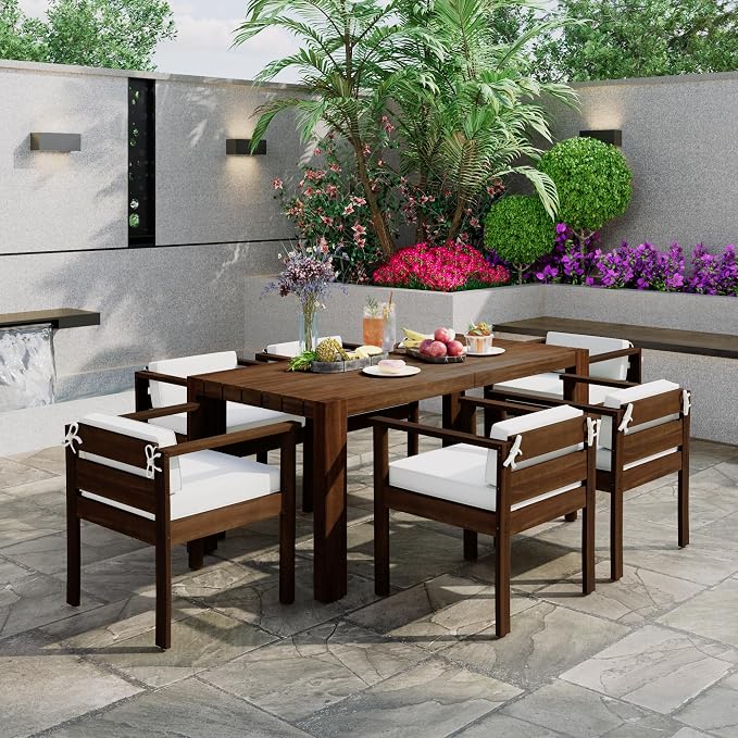 7-Piece Patio Dining Table Set for 6, Outdoor Furniture Sets with 71" Rectangle Table and Removable Cushions,for Backyard Garden Poolside (Mocha + Beige#m)
