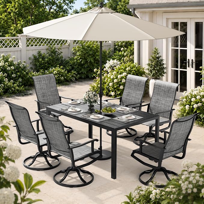 Pamapic 7-Piece Outdoor Dining Set, All Weather Patio Table and Chairs Set with Umbrella Hole, Wood-Like Table and 6 360° Swivel Textilene Chairs for Backyard, Poolside, Deck, Porch, Grey