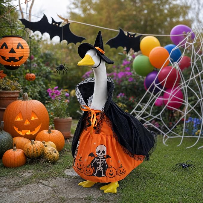 Porch Goose Outfits for 23 Inch Statue, Halloween Witch Dress Hat and Cape Set, Porch Goose Clothes for Patio Yard Garden Decor